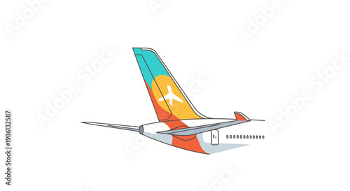 Rear section view of an aircraft tail fin featuring a vibrant color scheme with yellow orange and teal accents and a visible logo emblem symbolizing travel and aviation exploration across the sky