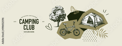Hand drawn adventure and hiking collage background. Outdoor, camping club and tourism design. Vintage sketch vector illustration