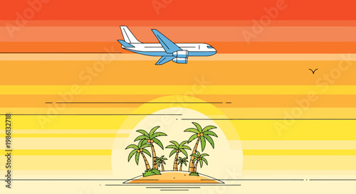 Commercial airliner soaring gracefully across a vibrant sunset sky above a tranquil tropical island paradise dotted with palm trees representing travel and vacation adventures