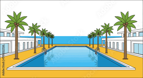 Serene tropical resort setting with a shimmering swimming pool reflecting palm trees and azure ocean under a clear sky conveying luxury leisure and vacation relaxation within coastal architecture