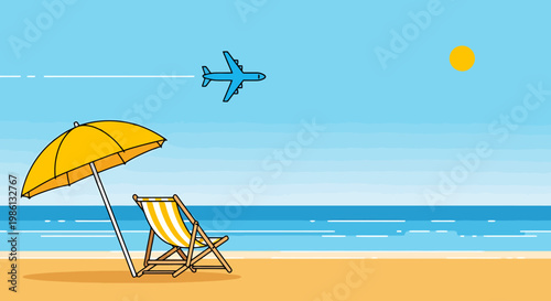 Enjoying a beautiful sunny day at the beach with a yellow umbrella and lounge chair while an airplane flies in the clear blue sky over the ocean with gentle waves signifying leisure and travel