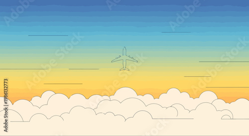 Vast aerial expanse depicts a singular aircraft ascending through serene atmospheric layers at dawn or dusk with luminous clouds below evoking a sense of journey and freedom