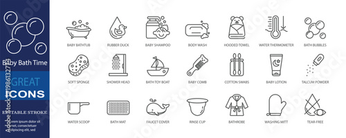 Set of icons for Baby Bath Time. Editable stroke. Vector illustration