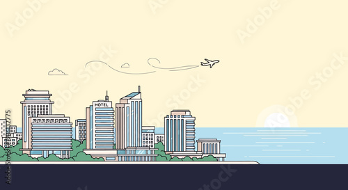 Scenic panorama of a bustling cityscape with tall buildings lining the waterfront reflecting the warm glow of a distant sun over calm ocean waters while a small aircraft soars through the sky