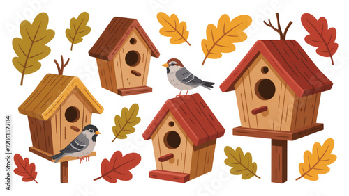 Colorful birdhouse illustrations featuring birds and autumn leaves Vector
