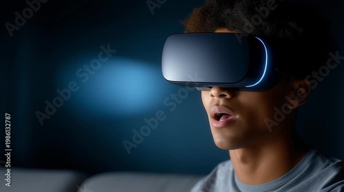 Close up portrait of african man using virtual reality headset experiencing immersive digital world in futuristic technology environment