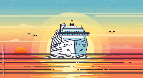 Serene ocean voyage aboard a magnificent cruise liner against a stunning sunset sky with tranquil waves reflecting the warm golden light promising adventure and relaxation on the open sea ideal