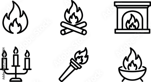 Various fire icons including flame candle torch and fireplace