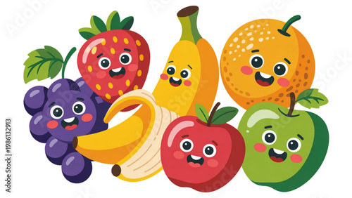 Colorful cartoon fruits with smiling faces celebrating a joyful harvest theme Vector