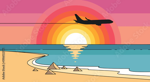 Airplane soaring across a vibrant tropical sunset above a calm ocean with a sandy beach and distant pyramids creating a memorable travel and vacation ambiance for vacationers seeking adventure
