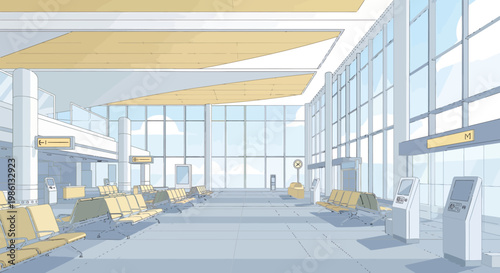 Spacious contemporary airport terminal interior with seating areas and large windows allowing natural light an expansive vista of the sky and passing clouds creating a welcoming atmosphere for
