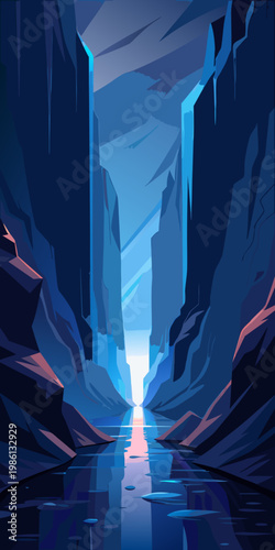 Title ice cave entrance a digital illustration of a frozen wonderland description a stylized digital painting depicts a luminous ice cave with