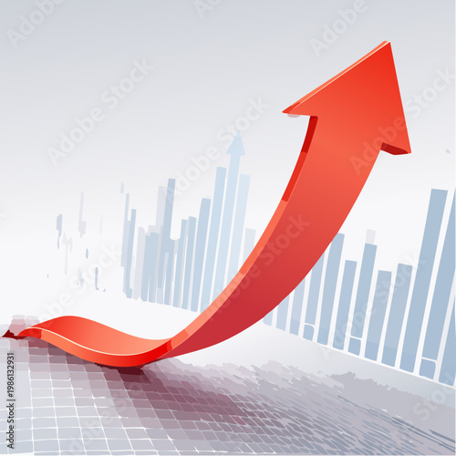 Ein dreidimensionaler roter Wachstumspfeil steigt dynamisch