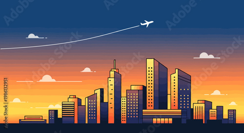 Vibrant aerial perspective captures a thriving cityscape under a breathtaking sunset sky with a distant airplane leaving a contrail showcasing urban development and twilight ambiance with