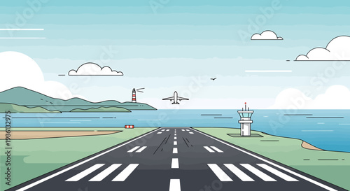Aero plane departing from a coastal runway with a lighthouse and control tower overlooking a calm sea under a partly cloudy sky offering a scenic view of travel and aviation