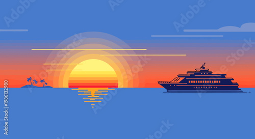 Vast Ocean Horizon Featuring a Large Luxury Ship Sailing Towards a Tropical Island Amidst a Vibrant Sunset With Reflecting Colors on Calm Water Surface in a Stylized Digital Art Seascape