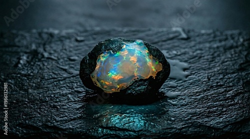 Closeup of raw iridescent opal gemstone embedded in wet dark rock on stone background for geology concept