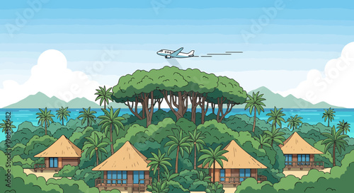 Tropical island resort with bungalow accommodations surrounded by lush vegetation and palm trees under a clear blue sky with an airplane flying overhead leaving a smoke trail across the ocean
