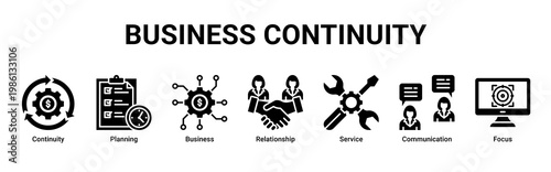 Business Continuity web banner icon vector illustration with icons of Continuity, Planning, Business, Relationship, Service, Communication and Focus