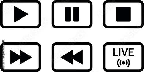 Black and white media control icons including live broadcast button