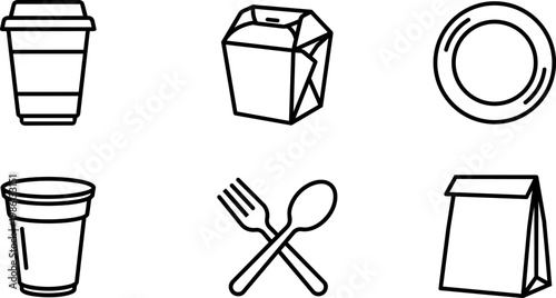 Black and white line art takeout cup plate fork and spoon icons