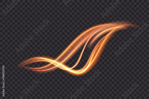 Bright orange light trail with a glowing stream of neon line effect and highlights, a vector graphic isolated on a transparent background.