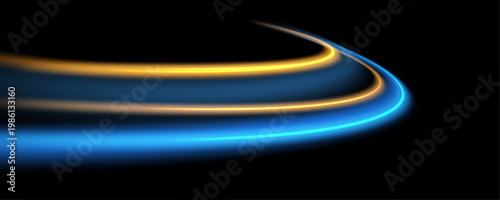 Abstract neon light trails on dark background with dynamic motion blur. Futuristic speed concept with glowing blue and orange lines, energy flow, and high-tech design. 