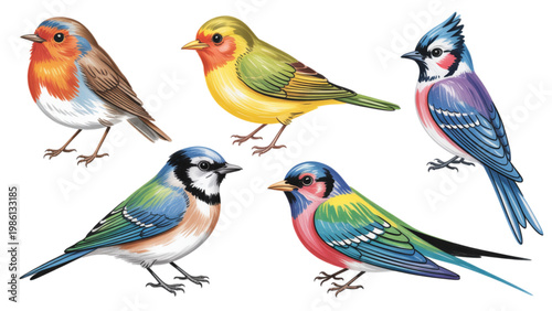 Vibrant flock of colorful songbirds perched on a branch Vector