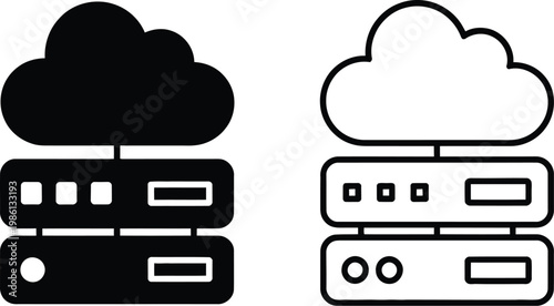 Cloud server vector icon, data storage and network computing symbol featuring cloud and server elements, clean modern design for technology, SaaS, and infrastructure visuals.