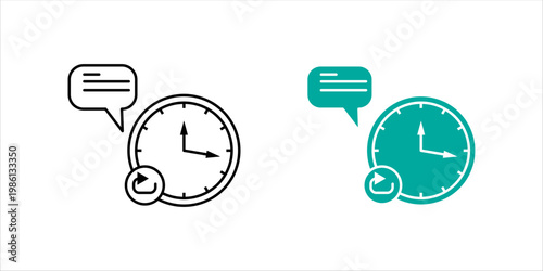 Minimal outline icon set. combining a clock and speech bubble representing communication timing, scheduling, time management, and business coordination concepts.