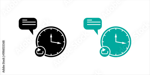 Minimal outline icon set. combining a clock and speech bubble representing communication timing, scheduling, time management, and business coordination concepts.