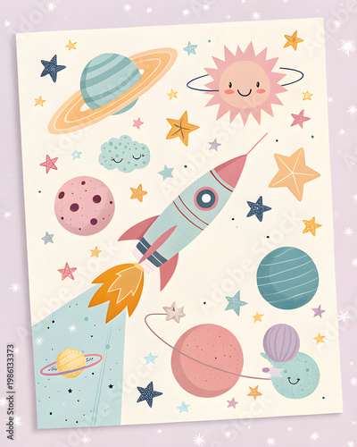 cute space birthday card, stars, planets, rocket, pastel colors, playful modern style, copy space