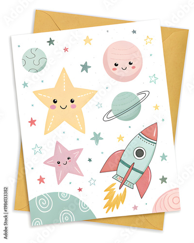 cute space birthday card, stars, planets, rocket, pastel colors, playful modern style, copy space