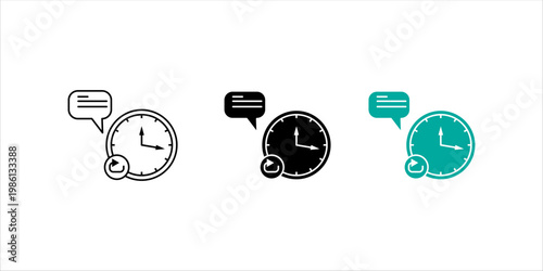 Minimal outline icon set. combining a clock and speech bubble representing communication timing, scheduling, time management, and business coordination concepts.