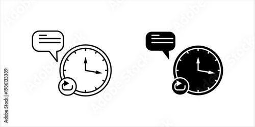 Minimal outline icon set. combining a clock and speech bubble representing communication timing, scheduling, time management, and business coordination concepts.