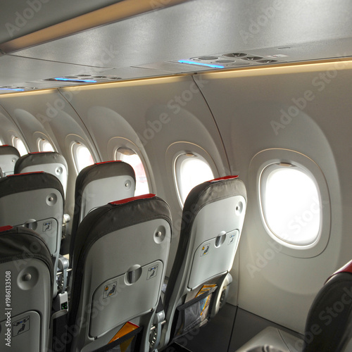 Passenger seats inside the economy class cabin of an Airbus A320neo aircraft ready to fly