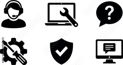 Black and white technical support service icons set with headset wrench screwdriver shield and chat symbols