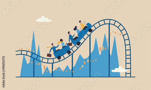 Investment of, up and falling down concept, people investors riding roller coaster on fluctuated market chart