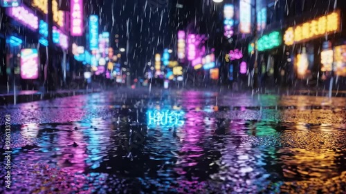Vibrant Neon Lights Reflected in Rainy City Street at Night