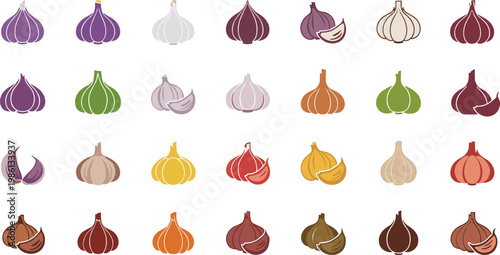 Garlic bulb icons in various colors and styles featuring whole bulbs and single cloves for cooking
