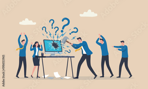 chaos meeting teams together mistake concept, frustrated businessman hitting to break computer with hammer
