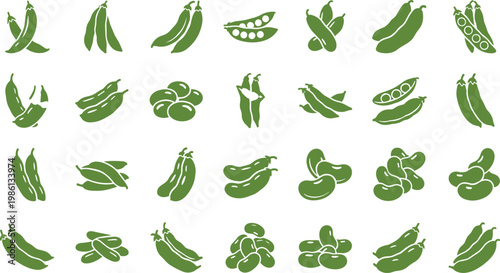 Green pea and bean pods icons set organic legume silhouettes collection isolated vector illustration