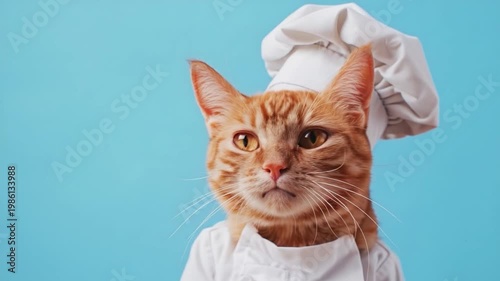 A domestic cat wears a miniature chef's hat on a bright blue background