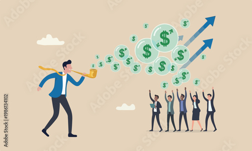 Stock meeting overvalued company concept, greedy businessman investor blowing bubbles with dollar sign money into the air