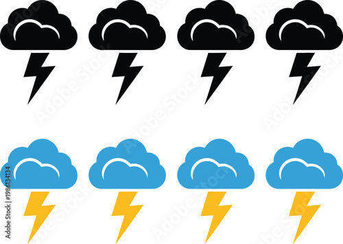 Weather and seasons vector illustration set, featuring cloud with thunderstorm and four seasons landscape icons with tree silhouettes, rain, snow, and weather symbols for forecast and nature design pr