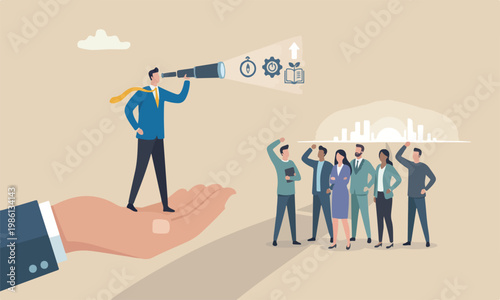 Vision to see, or pillars meeting teams together career development, success opportunity or visionary to see journey ahead concept, businessman stand on support hand look into telescope vision