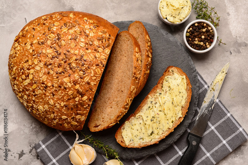 Board of bread slices with ...