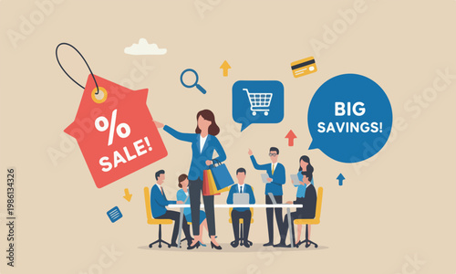 Sale discount meeting teams together promotion shop or advertising, commercial, customer purchase concept, young woman customer with shopping bags hold discount price tag