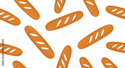Seamless pattern featuring hand drawn french baguette bread loaves scattered randomly
