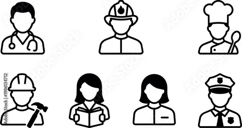 Black and white line art icons of doctor firefighter chef builder student nurse and police officer